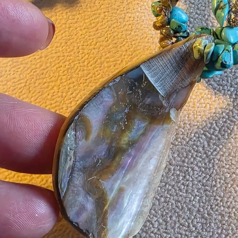 Abalone Pendant Snail Shell & Turquoise Stone Necklace w/  Boho 213 - Picture 4 of 9